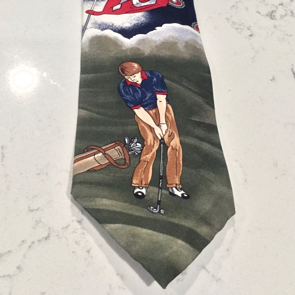 7th AVE Golf 100% Silk Tie. Great Gift. Blue, greens, red, brown.